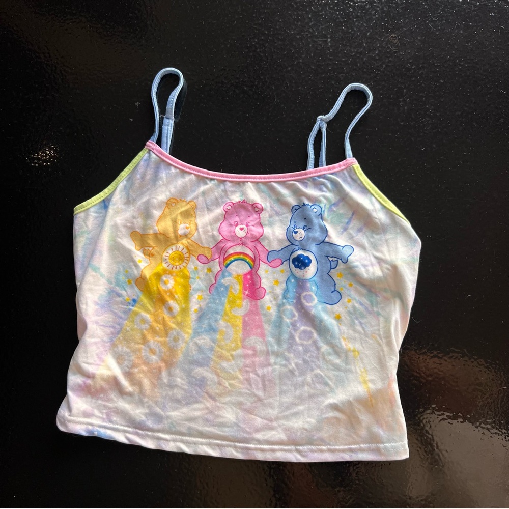 Care Bears Pastel Tie Dye Rainbow Pink Trim Crop Tank medium